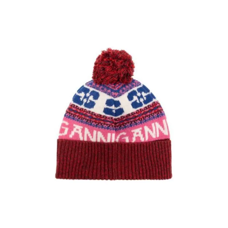 GANNI Logo Patch Pompom Detailed Beanie