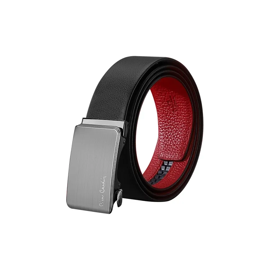 PIERRE CARDIN Alloy Leather Belts Men's Black Red Width 3.5CM