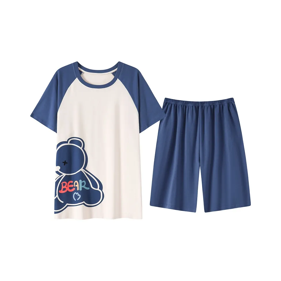 Close-fitting Areas Pajama Set Men's Wavy Blue