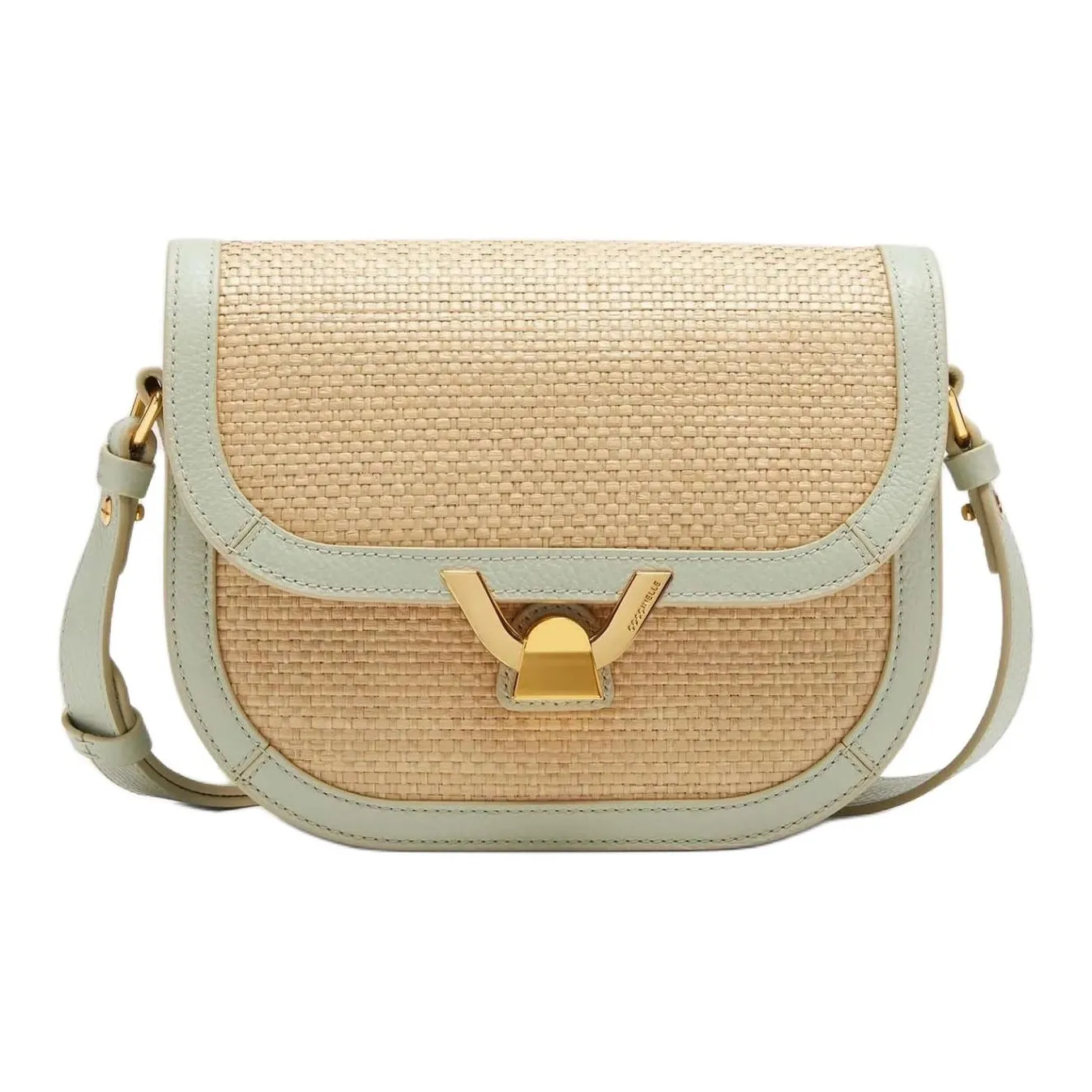 COCCINELLE Raffia With Beaded Surface Leather Straw Shoulder Bag Crossbody Bag Small Size Women's Natural & Green