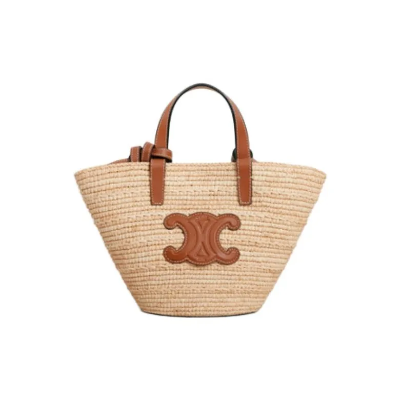 CELINE Raffia With Calfskin One Shoulder Handbag Women's Natural & Tan