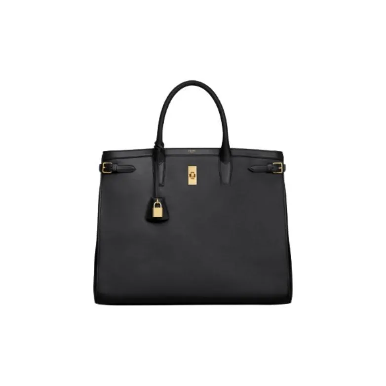CELINE Satin Cow Leather One Shoulder Handbag Men's Black