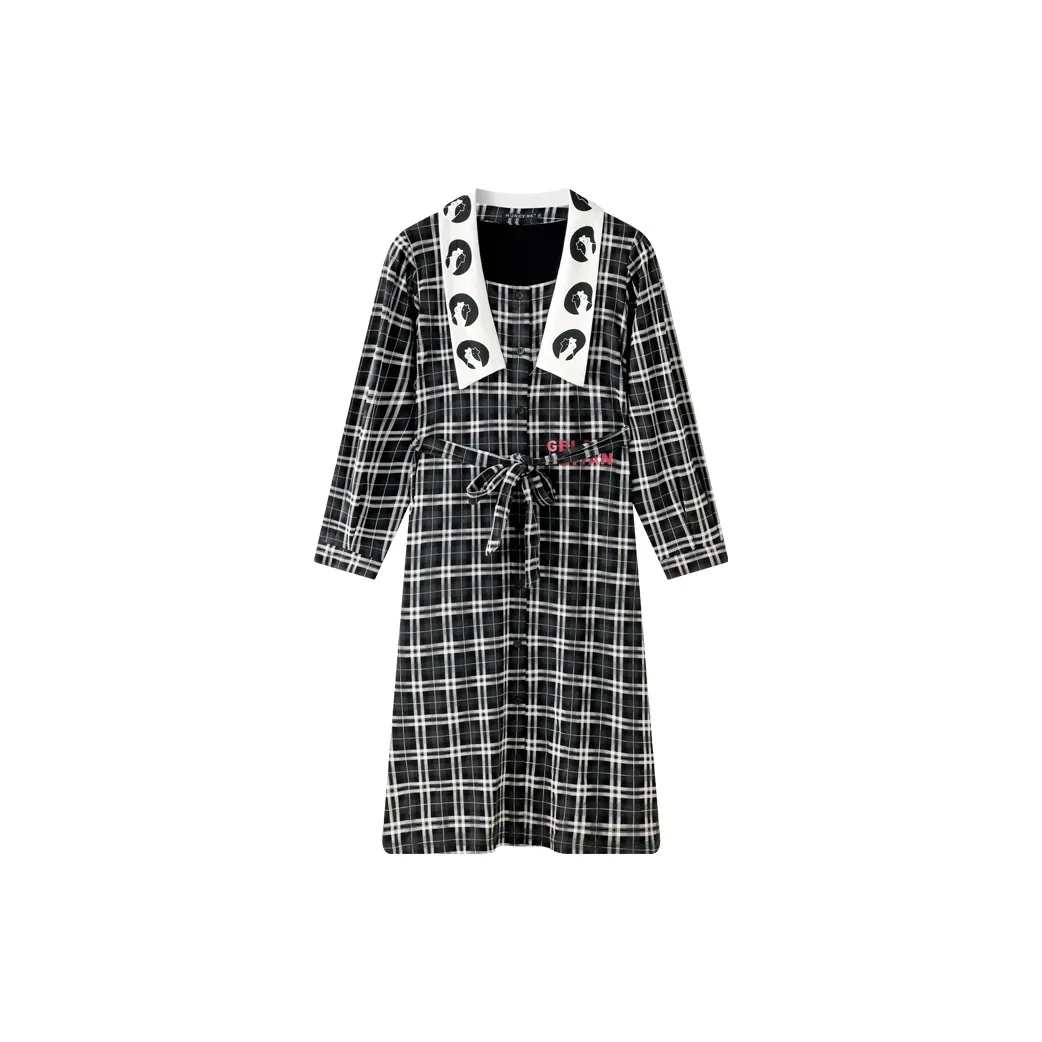 Meonsill Spring And Fall Season Nightgown Women's Black White Plaid