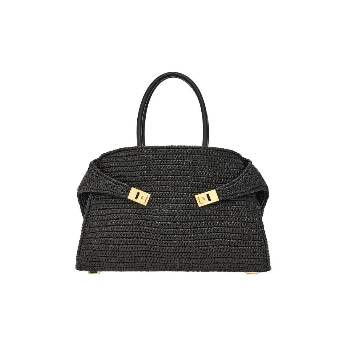 FERRAGAMO Raffia Fiber Product Calfskin Shoulder Bag, Crossbody Bag, Handbag Medium Size Women's Black