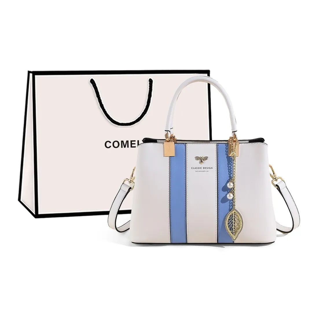 COMELY Cow Leather With Synthetic Leather Tote Handbag, Shoulder Bag, Crossbody Bag Tubas Women's Blue & White