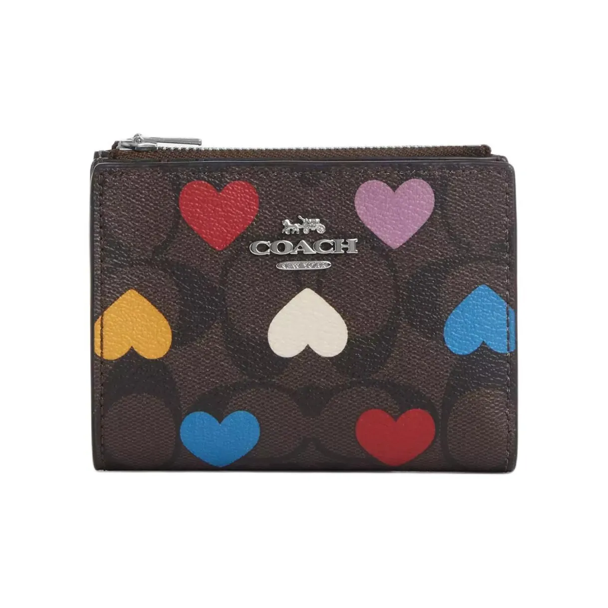 COACH Coated Canvas With Smooth Leather Wallet Mini Women's Silver & Brown & Black Multicolor