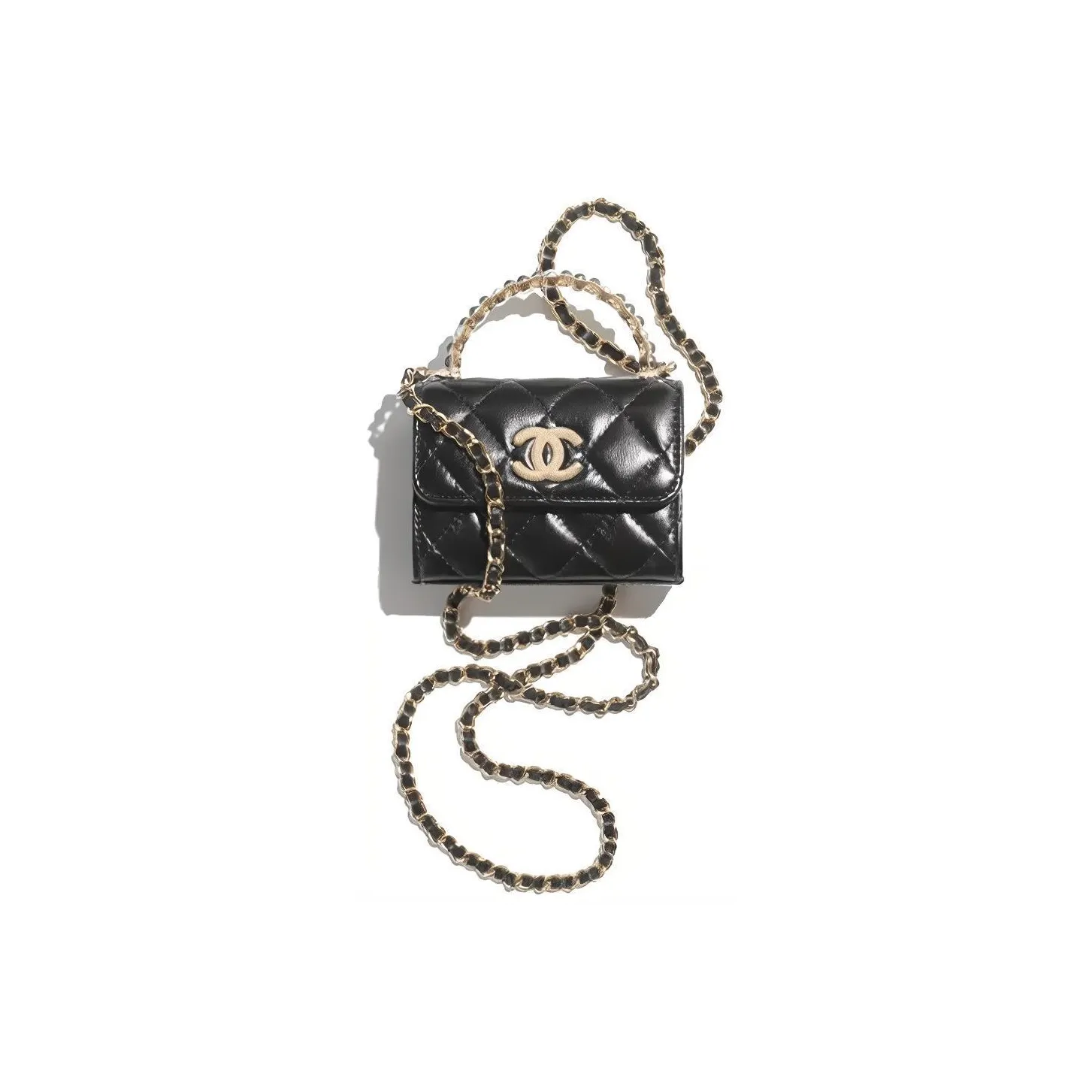CHANEL Bright Crinkle Lambskin Artificial Pearl Handbag, Shoulder Bag, Crossbody Bag Trumpets Women's Black