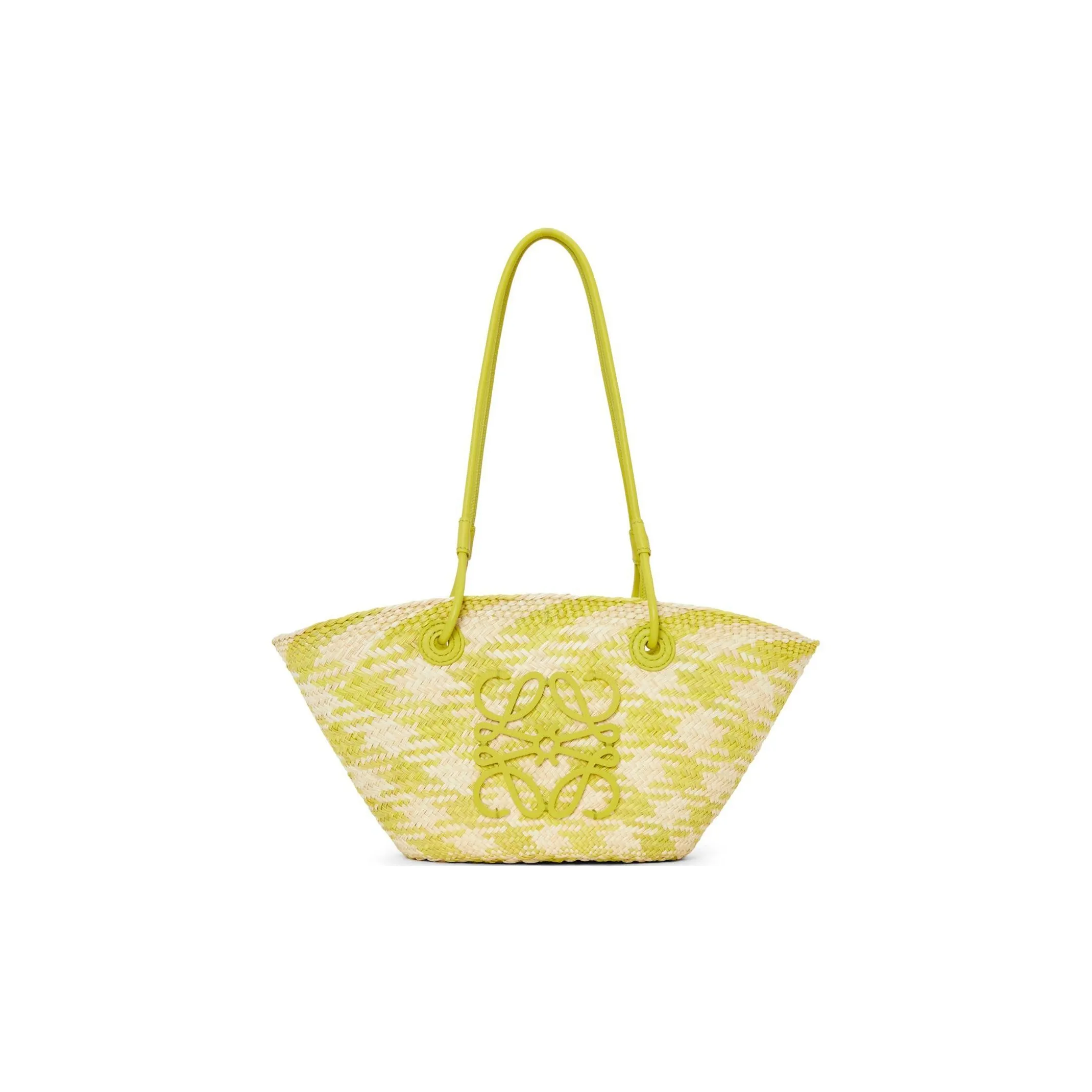 LOEWE Anagram Basket Raffia With Calfskin Handbag, Shoulder Bag Trumpets Women's Natural & Lime Green