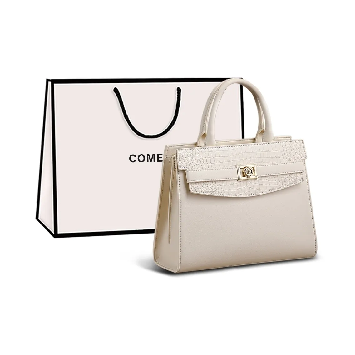 COMELY Cow Leather With Synthetic Leather Handbag, Crossbody Bag, Grandma And Mom Bag, Kelly Bag Women's Ecru