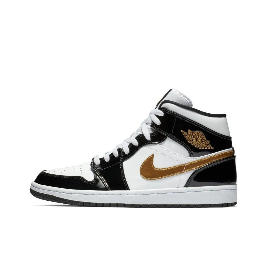 Jordan 1 Mid Patent Black White Gold
