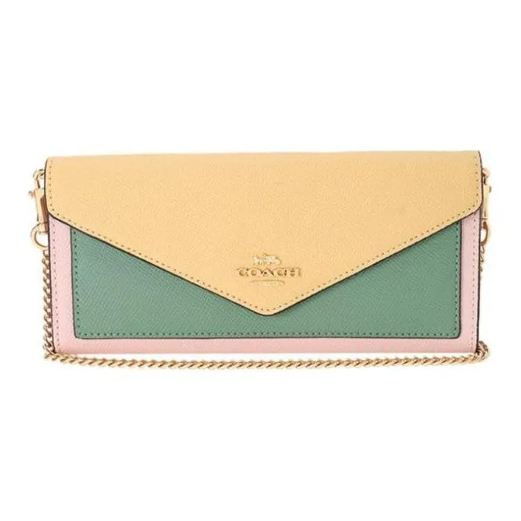 COACH Envelope Leather Wallet, Shoulder Bag, Crossbody Bag Trumpets Women's Vanilla Yellow & Green