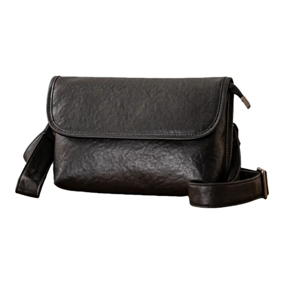 Back Step Genuine Leather Top Grain Tanned Cow Leather Shoulder Bag Crossbody Bag Small Size Unisex Black
