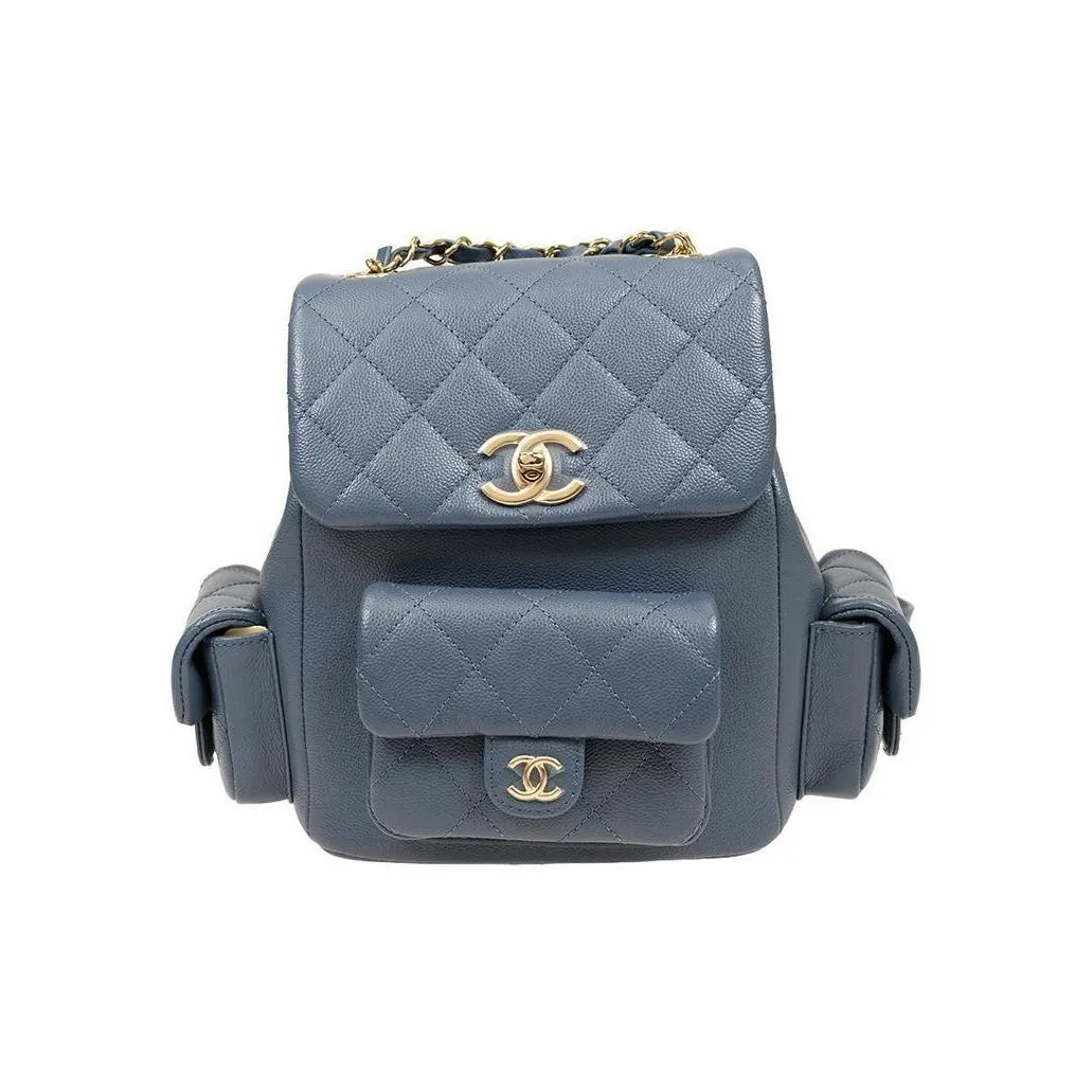 CHANEL Grain Cow Leather Backpack Tubas Women's Gray Blue