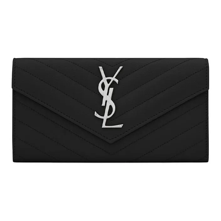 SAINT LAURENT Monogram Quilted Leather Envelope Bag Wallet Large Size Women's Black