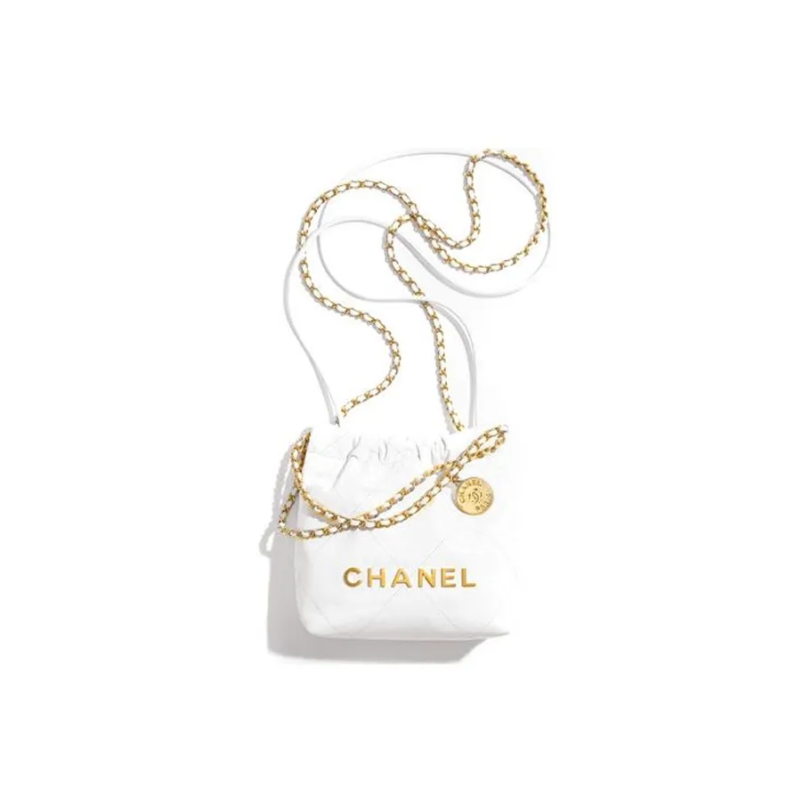 CHANEL 22Bag Shiny Calfskin Bucket Bags Shoulder Bag Crossbody Bag Mini Women's White