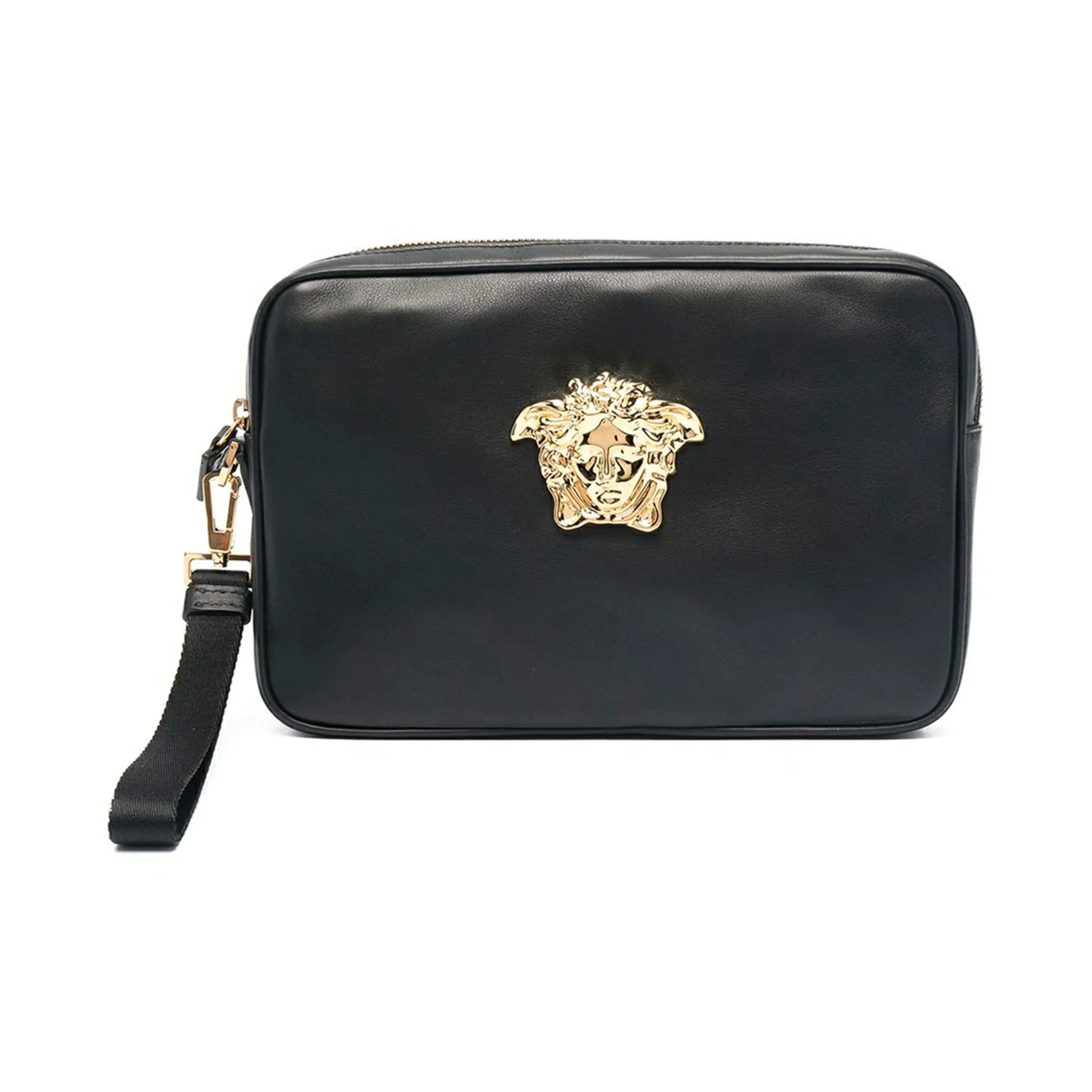 VERSACE Cow Leather Coin Purse Commute Clutch Trumpets Men's Black