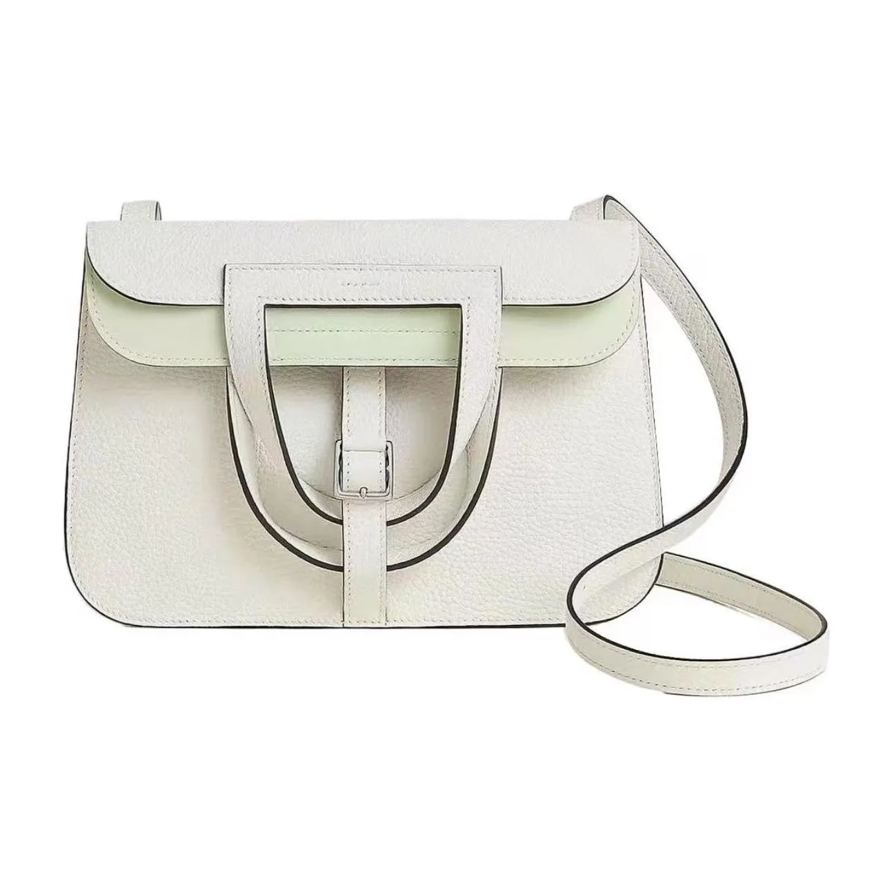 HERMES Halzan Clemence Bullock Leather Horseshoe Handbag, Shoulder Bag, Crossbody Bag Women's White Green