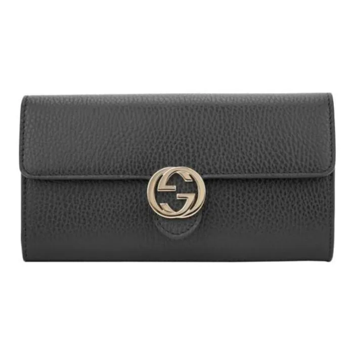 GUCCI Cow Leather Flap Clutch Wallet Women's Black