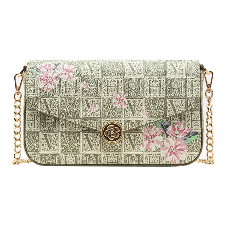 VANESSA HOGAN Монограмма PVC Конверт Сумка Сумка с цепочкой Плечевая сумка Маленькая Женская Зеленая Серая