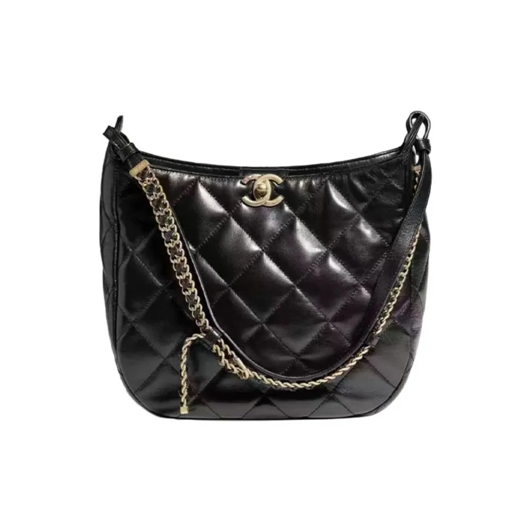 CHANEL Lambskin Hobo Bag, Hippie Bag, Handbag, Shoulder Bag Women's Black