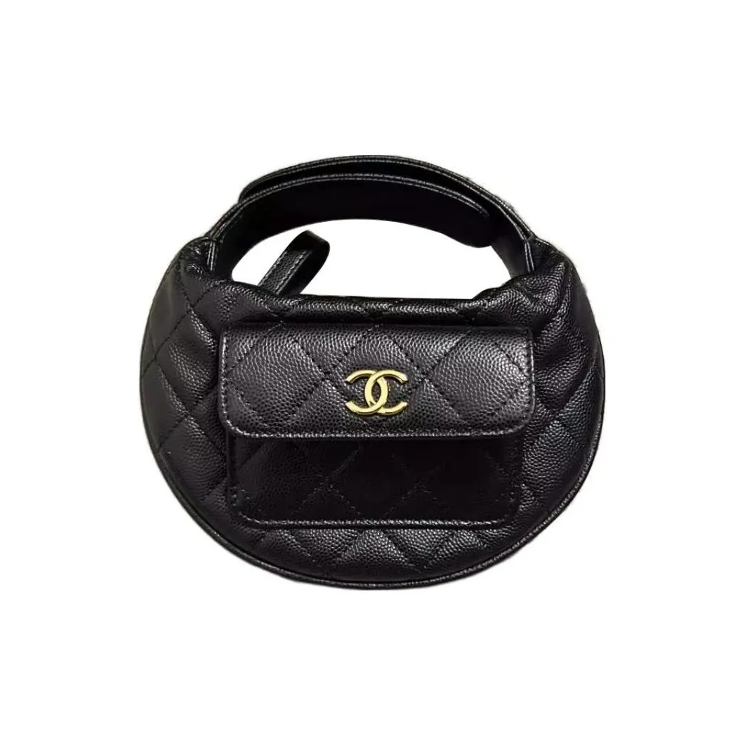 CHANEL Grained Litchi Cow Leather Crescent Moon Bag Clutch Mini Women's Black