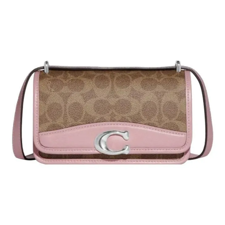 COACH Bandit Покрытый холст с люксовым стилем утонченная телячья кожа сумка через плечо маленькая женская коричневый и розовый