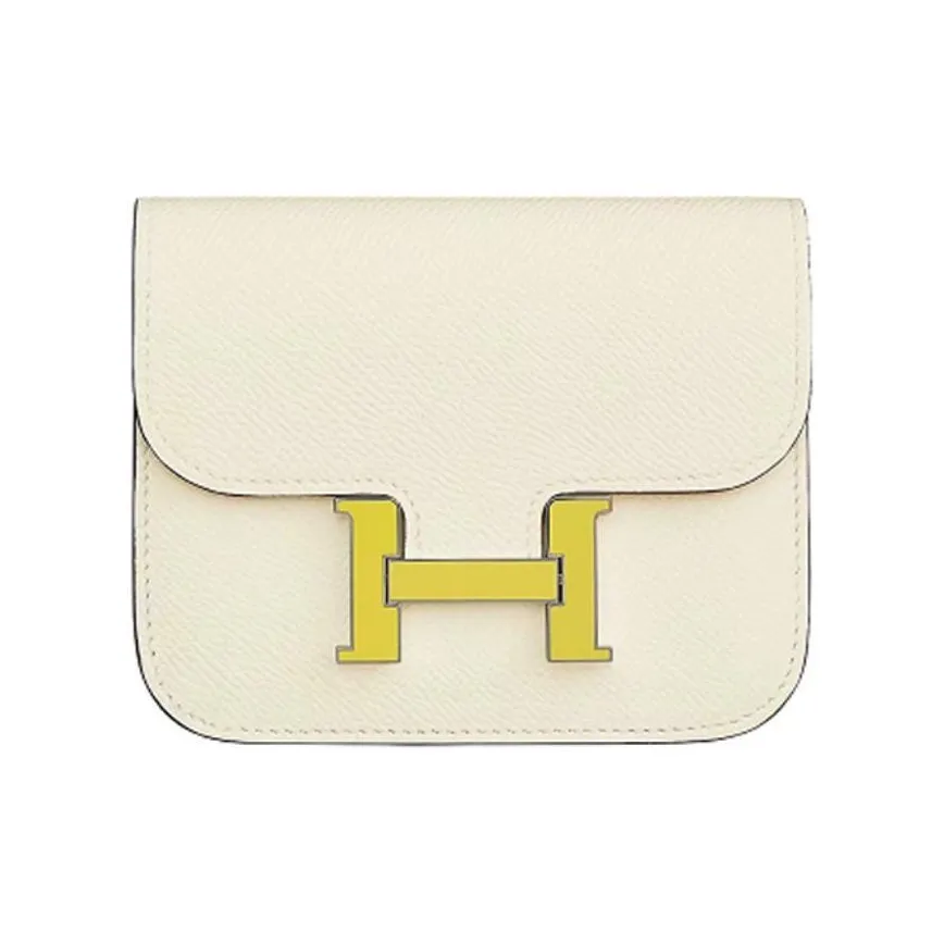 HERMES Calfskin Wallet Coin Purse Fanny Pack Women's Cream White/Chick Yellow