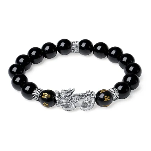 Eoro Obsidian 999 Fine Silver Beaded Bracelet Men's