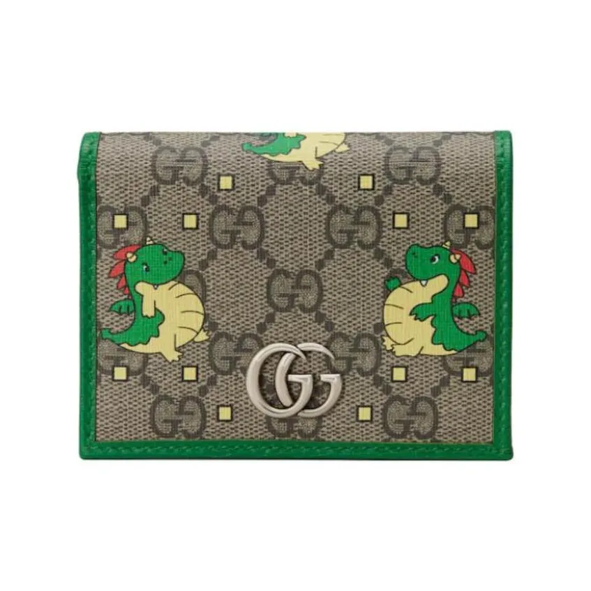 GUCCI Китайский Новый Год Холст и Кожа Держатель для Карт Женские Зеленый и Коричневый