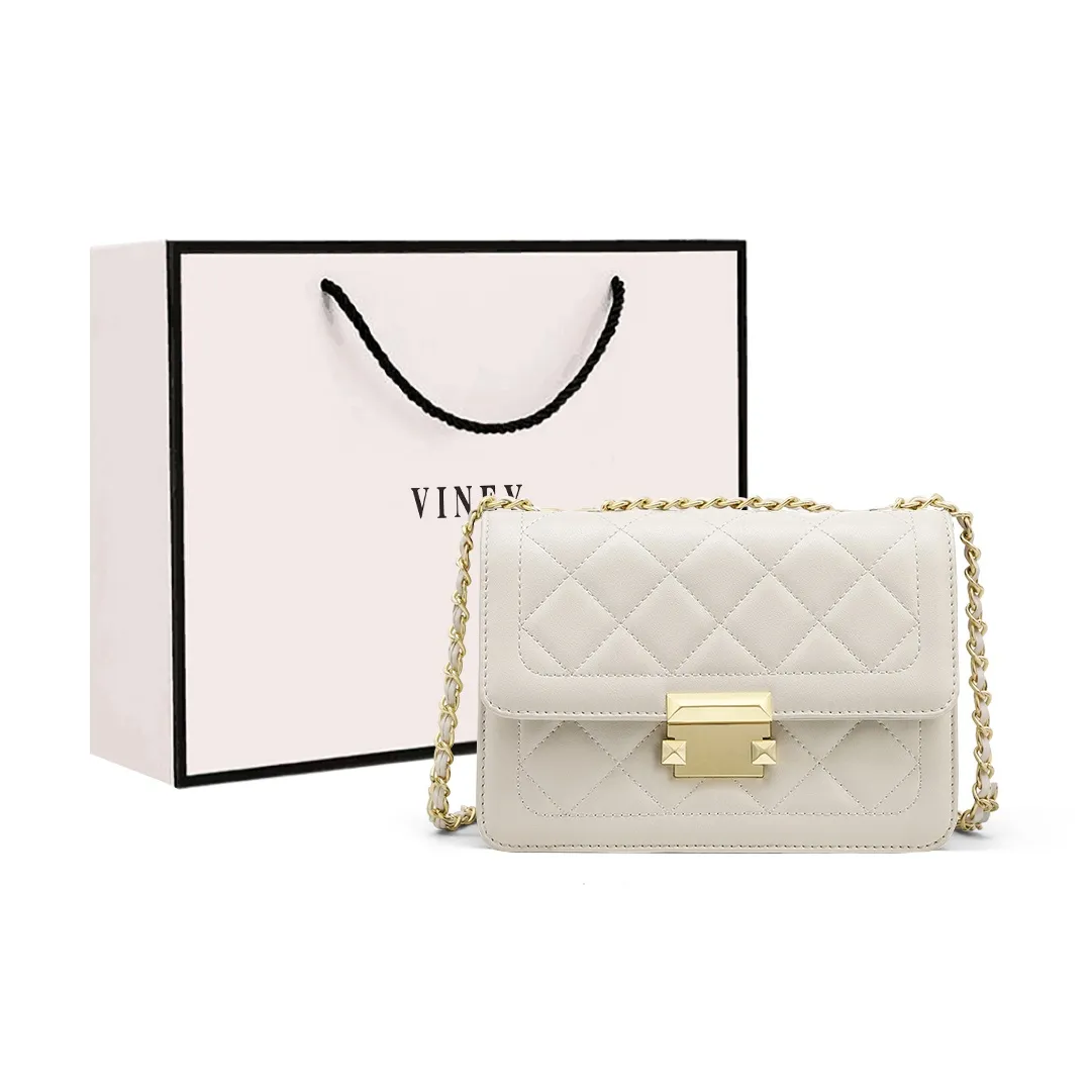 VINEY Коровья кожа Маленькая квадратная сумка Сумка через плечо Маленькая сумка через плечо Женская белая с узором ромб