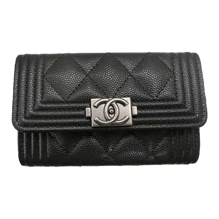 CHANEL LEBOY Litchi Skin Mouth Cover Wallet Card Holder Women's Black