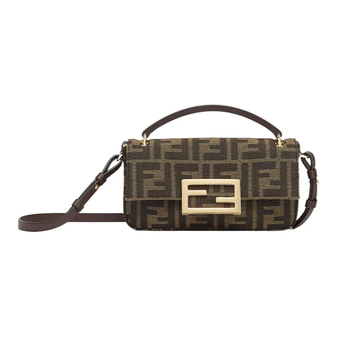 FENDI Baguette Cotton With Cow Leather Portable One Shoulder Crossbody Cell Phone Pouch Regular Women's Brown