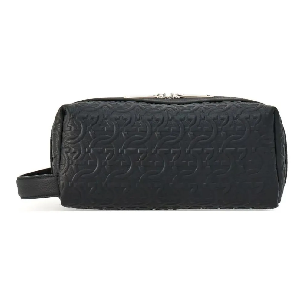 FERRAGAMO GANCINI Embossed Hammered Calfskin Makeup Bags Toiletry Bags Men's Black