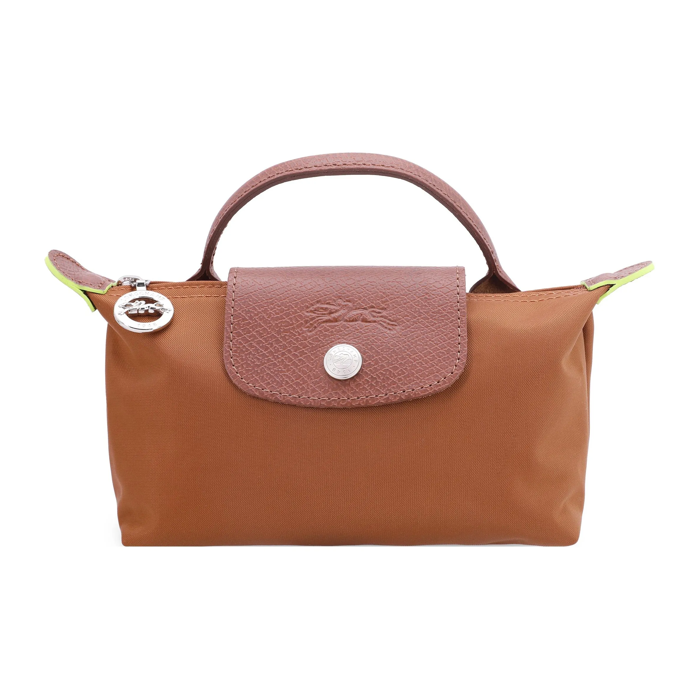LONGCHAMP Le Pliage Green Cow Leather Trim Dumpling Bag Handbags Women's Brandy Color