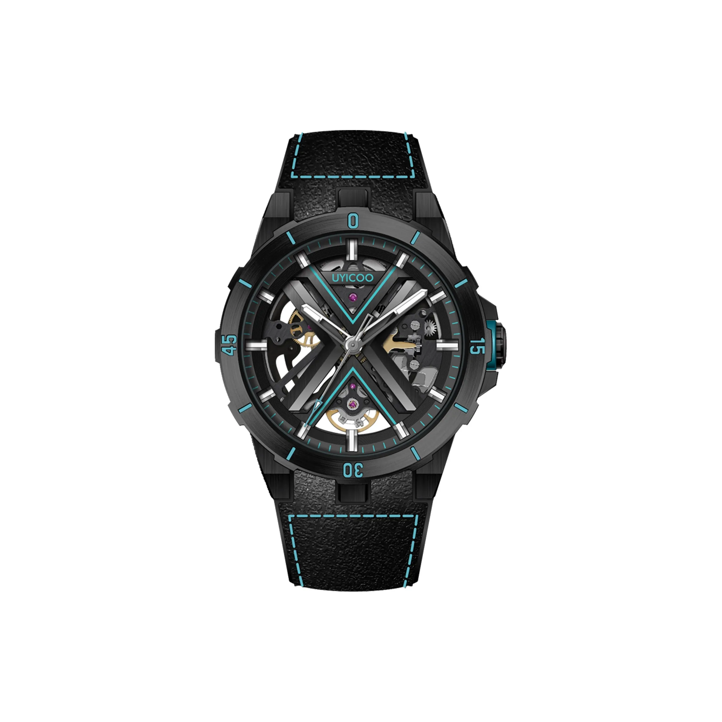 UYICOO Ronia Collection Black Warrior Wrist Watch Automatic Mechanical Movement Silicone Strap 43 Cut Out Dial Unisex
