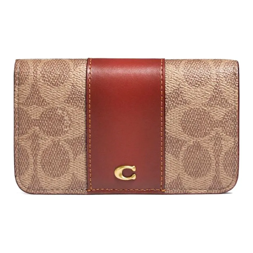 COACH Card Case Coated Canvas With Leather Wallet Women's Brown Yellow Rusty