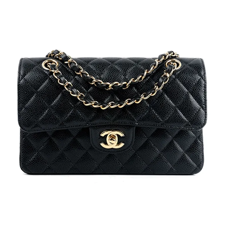 CHANEL Classic Double Flap Quilted Caviar Gold tone Small Black