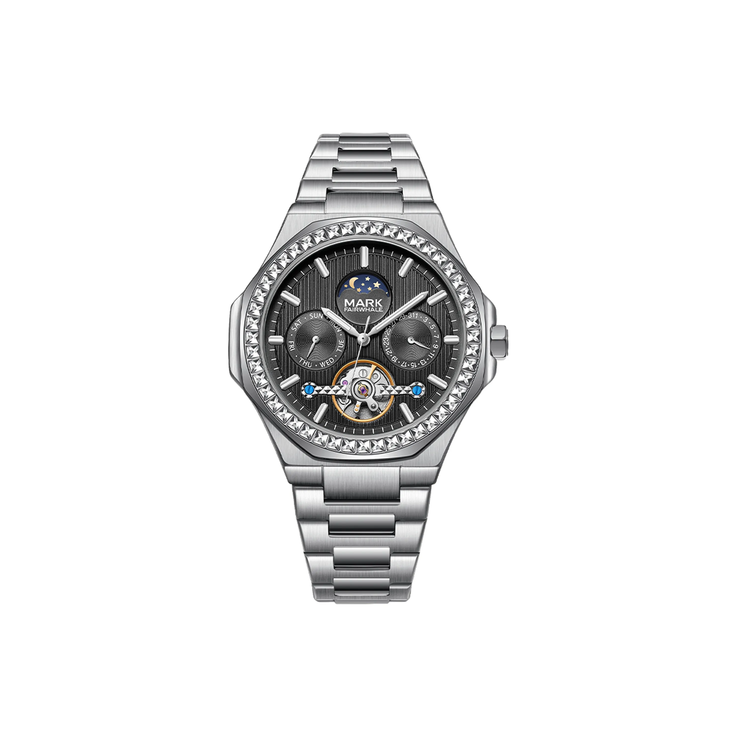 FAIRWHALE Автоматический Механический Механизм Металлический Ремешок Часы Мужские Черный Циферблат