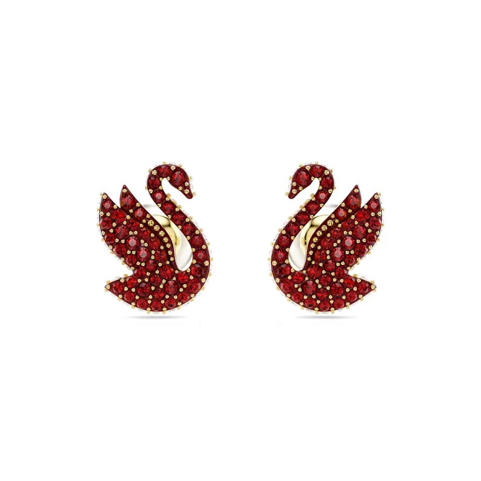 Swarovski Iconic Swan Faux Crystal Gold Plated Faux Pearl Stud Earrings Women's Red