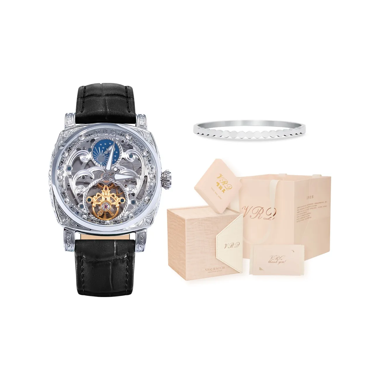 VRQ Faith Series Automatic Mechanical Movement Genuine Leather Strap Watch Women's Watch Cut-Out Dial