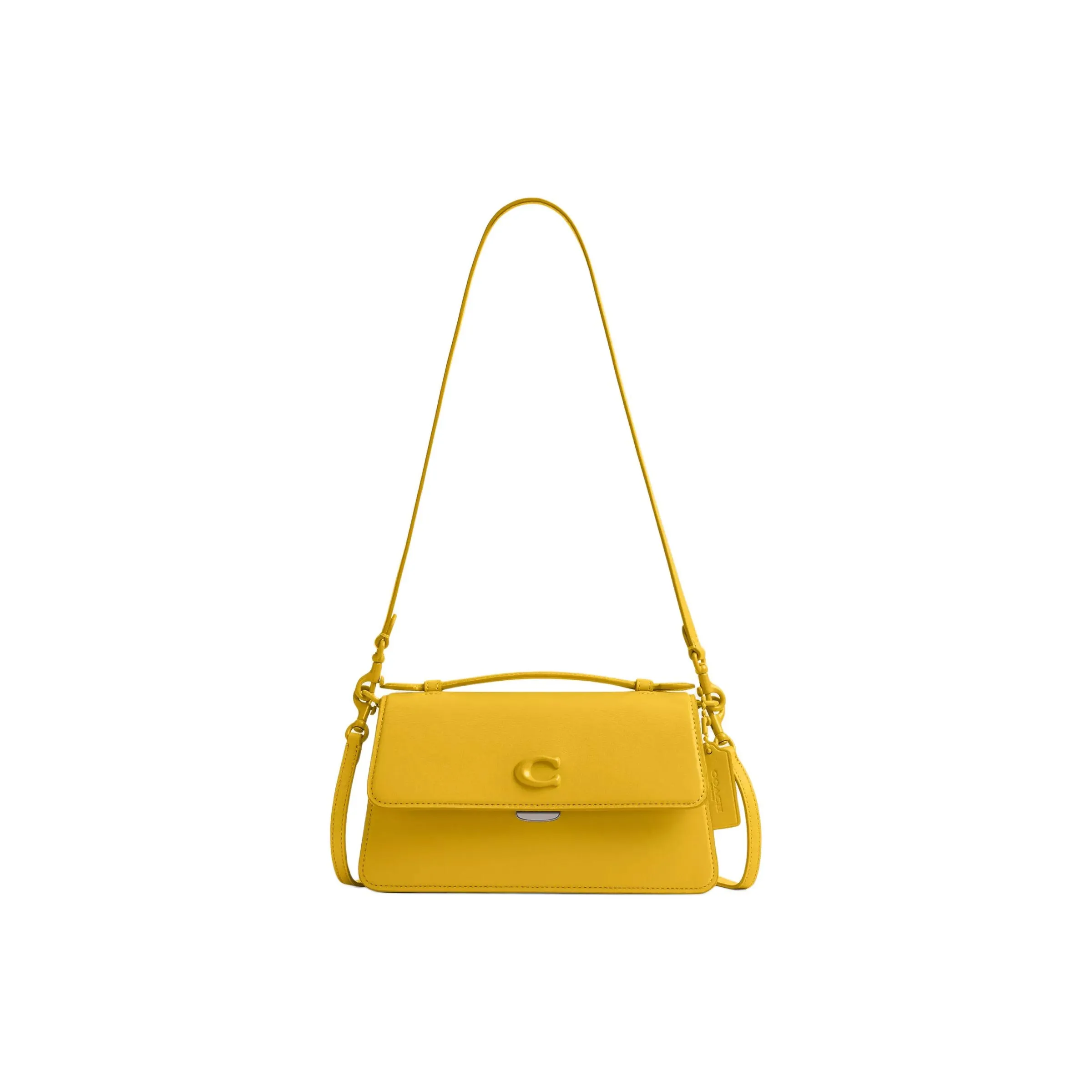 COACH Glove Tanned Leather Portable Crossbody Bag, Shoulder Bag Medium Size Women's Silver & Canary Color