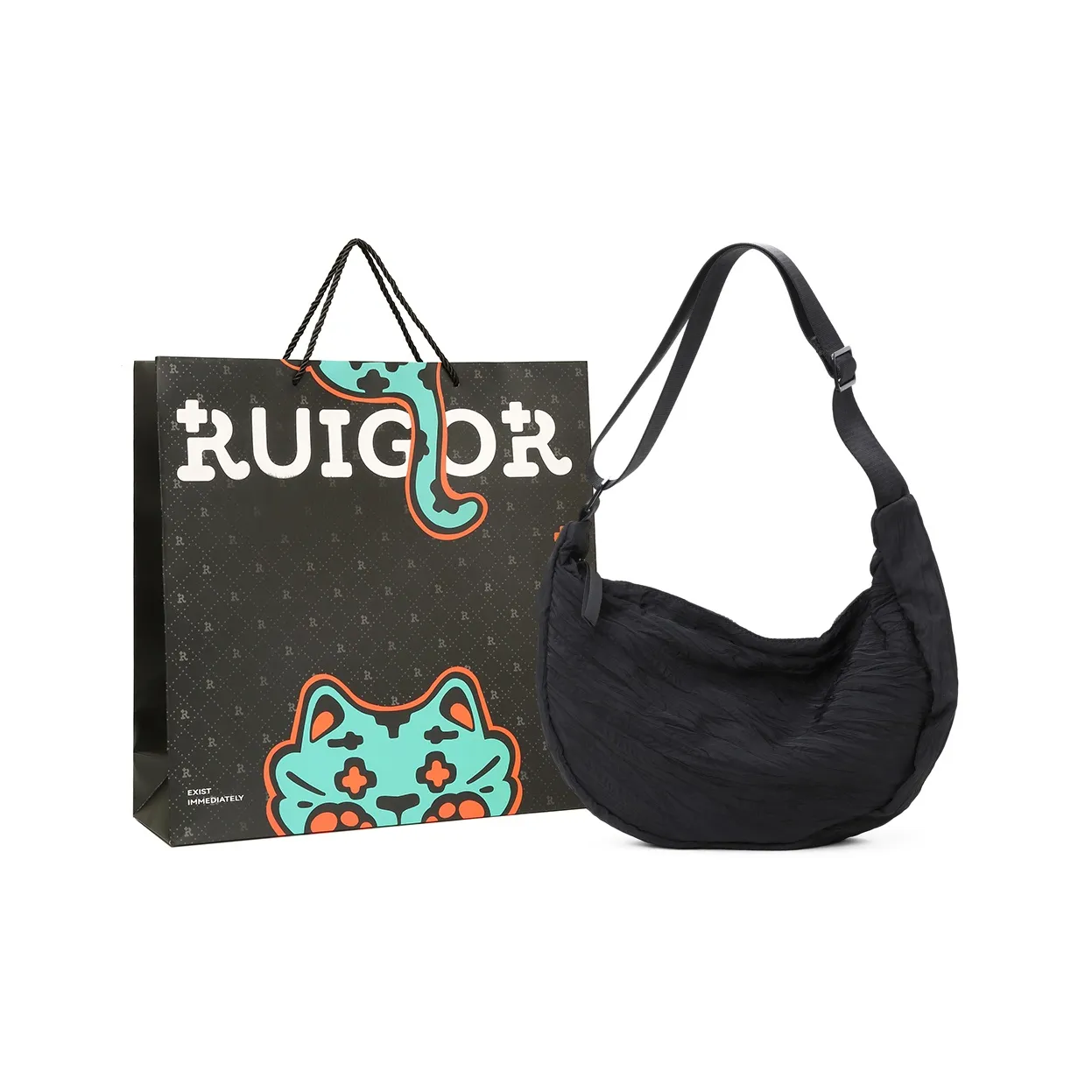 RUIGOR Ткань Полумесяц Сумка Курьерская Сумка Сумка через плечо Средняя Унисекс Черная