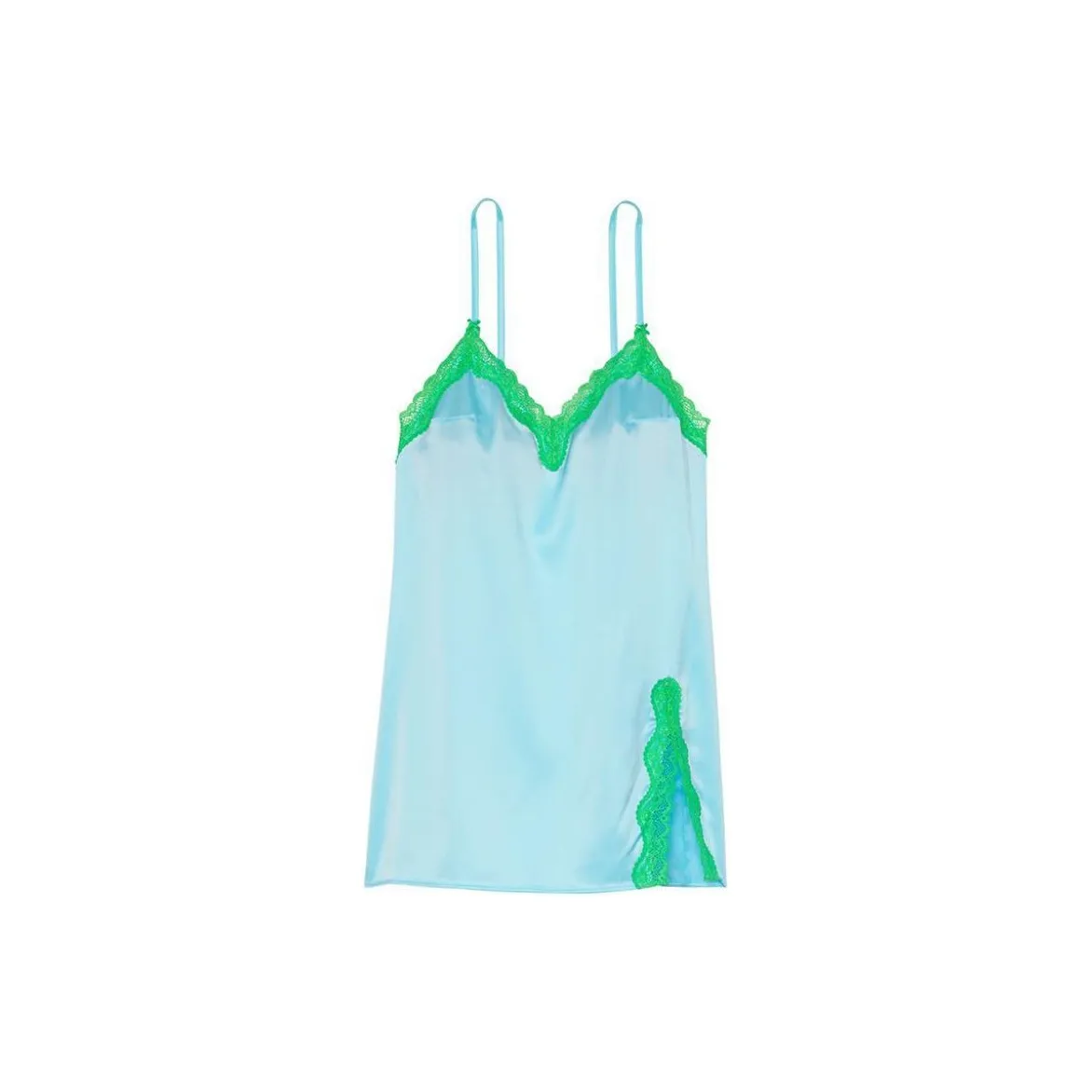 Victoria's Secret Tease Satin Lace Trim Mini Slip Nightgown Women's Lake Green