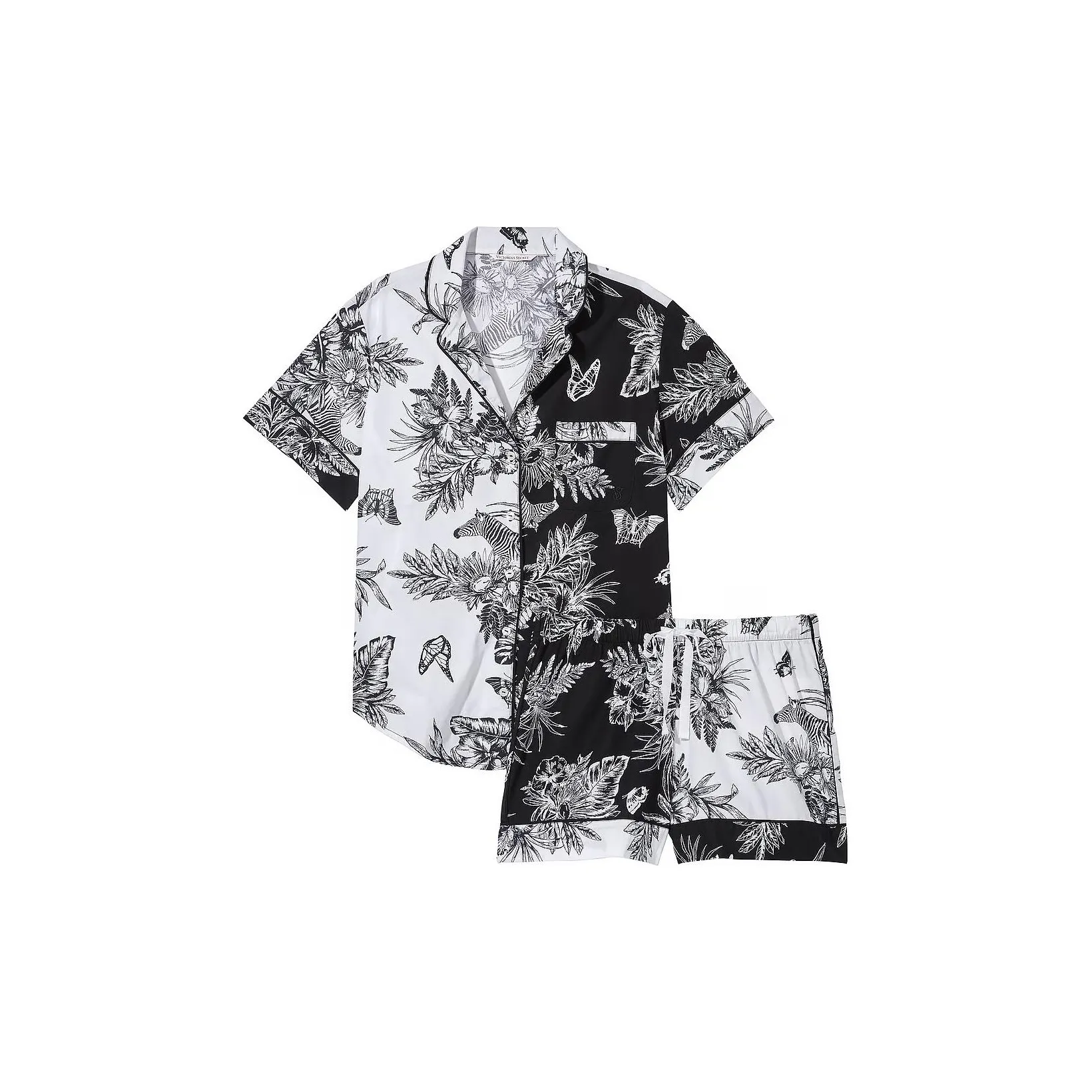Victoria's Secret Однотонный Короткий Рукав Эластичный Белый Комплект Пижамы Тропический С принтом Ткань