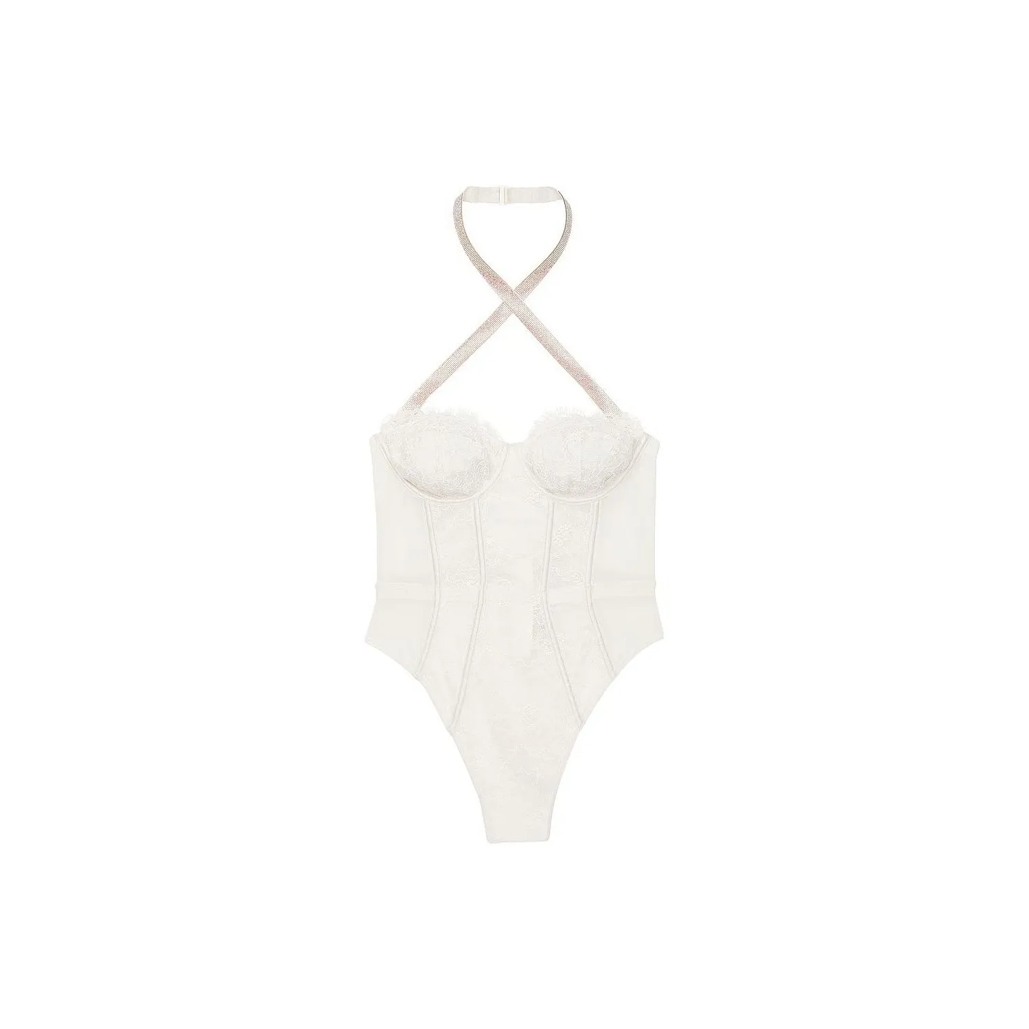 Victoria's Secret PINK/VERY SEXY Shine Strap Halter Lace Teddy/W Bodysuits Women's Coconut White