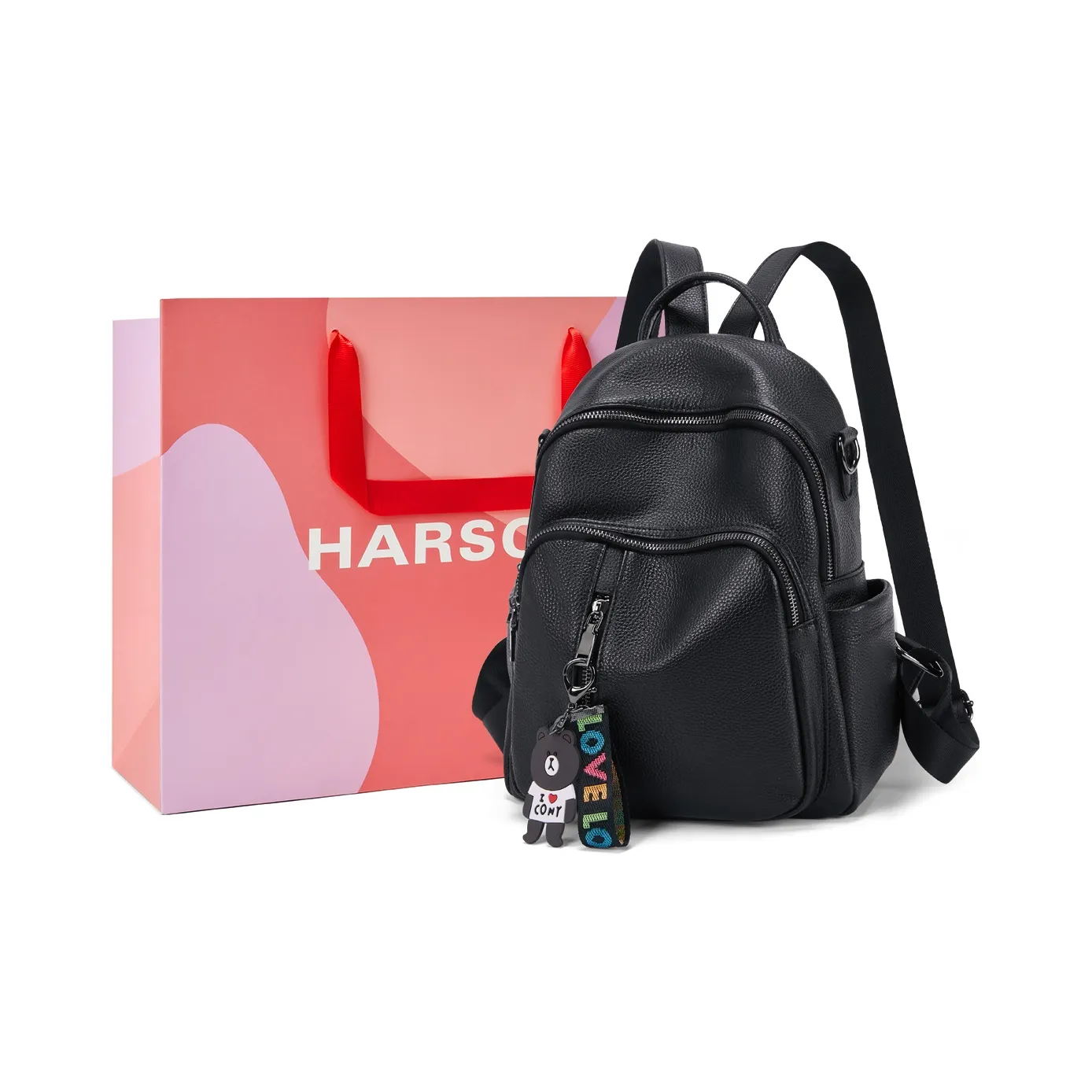 HARSON Рюкзак из крупнозернистой текстуры коровьей кожи большой женский черный мокко