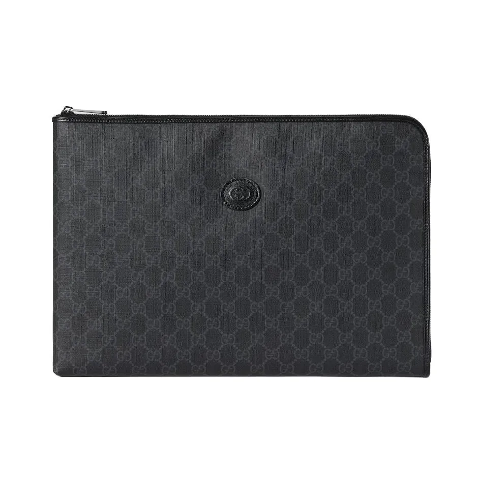 GUCCI Canvas With Leather Clutch Briefcase Medium Size Unisex Black