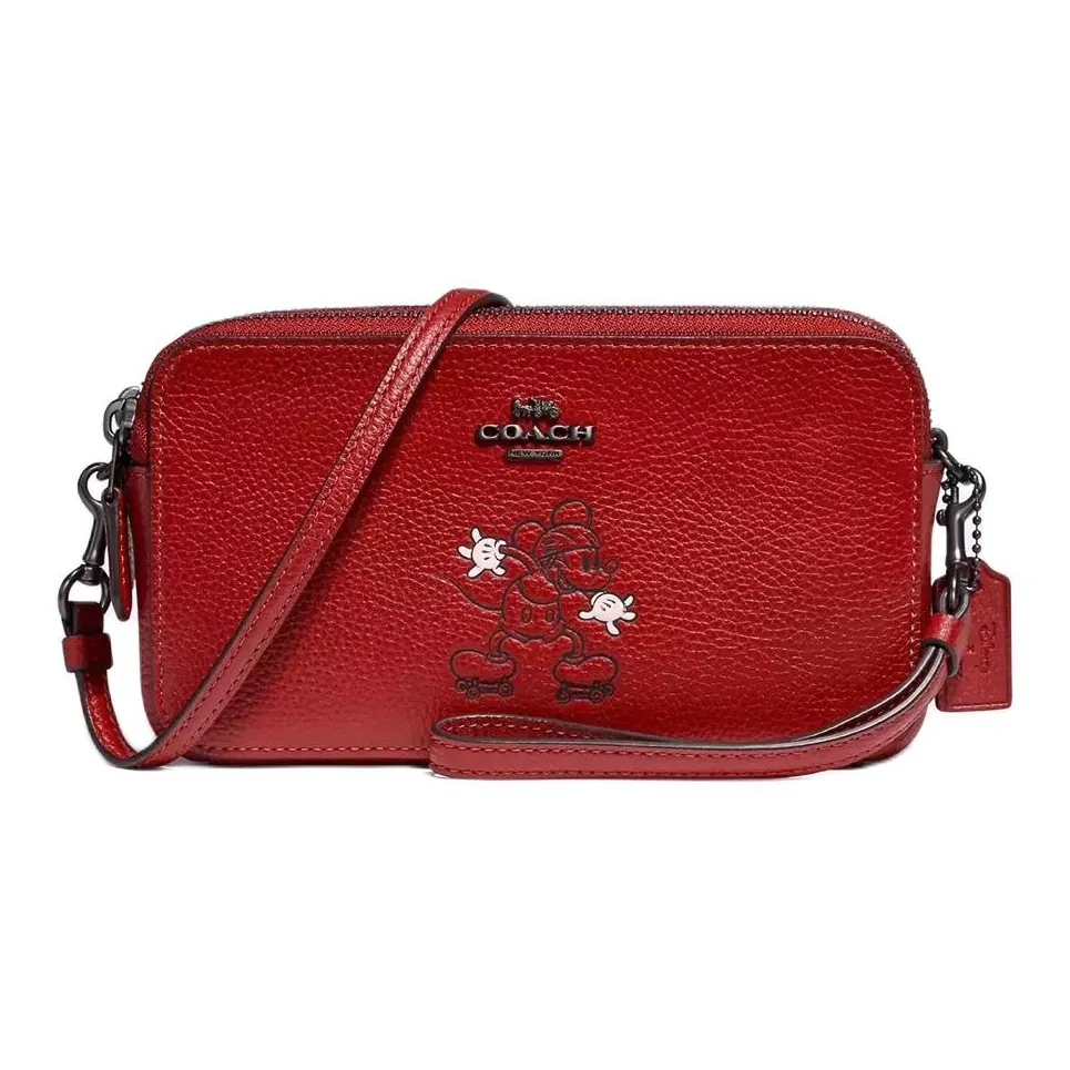 COACH Disney/Disney, Collaboration Kira Polished Pebbled Leather Shoulder Bag, Crossbody Bag Small Size Women's Red