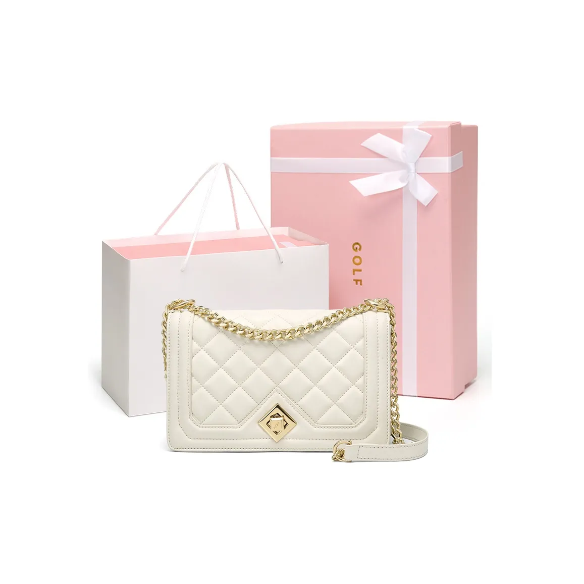 GOLF Cow Leather Shoulder Bag, Crossbody Bag Regular Women's Elegant Black/Coconut Milk White