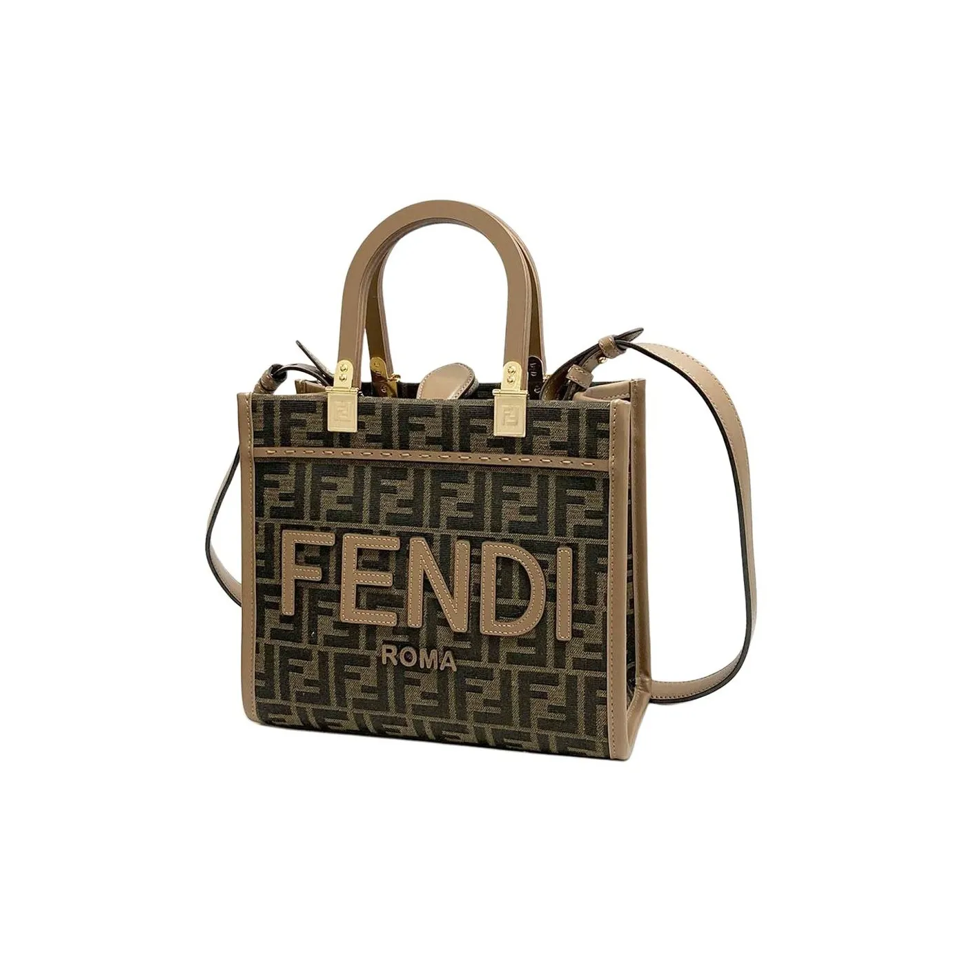 FENDI Sunshine Polyamide Tote Bag Shopping Bag Shoulder Bag Crossbody Bag Handbags Small Size Women's Brown